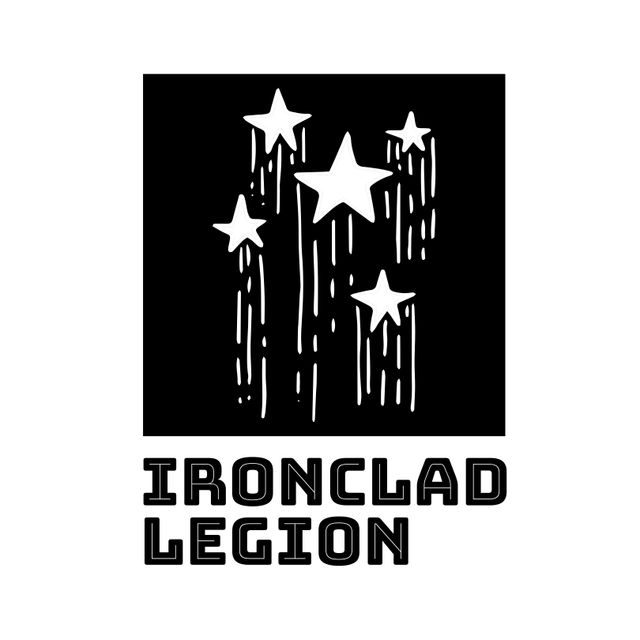 This vector illustration features the Ironclad Legion text accompanied by a cluster of star shapes with an abstract pattern, all set against a pristine white background. Perfect for use in branding, merchandise design, digital media, and promotional content. The minimalistic and modern design makes it suitable for technology startups, space-themed projects, or any venture seeking a futuristic and sleek look.