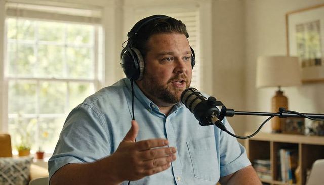 Male podcaster speaking into microphone wearing headphones in cozy living room studio