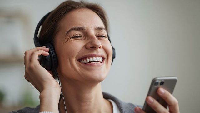 Happy Woman Enjoying Music on Smartphone