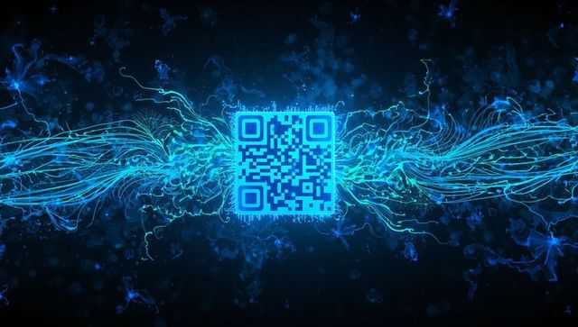 Futuristic Neon Blue QR Code Amidst Digital Light Streams