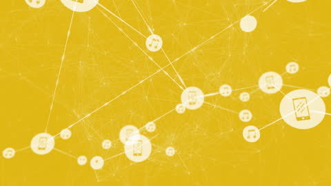 Digital Network Connectivity with Technology Icons on Yellow Background