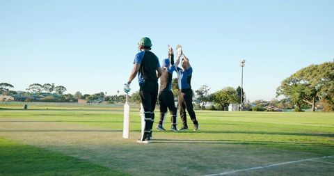 Diverse male cricketers celebrating wicket on sunlit green pitch with bat and stumps