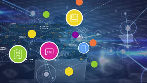 Abstract Digital Network with Technology Icons and Data Visualization