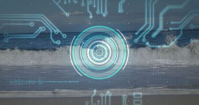 Futuristic technology overlay on ocean waves