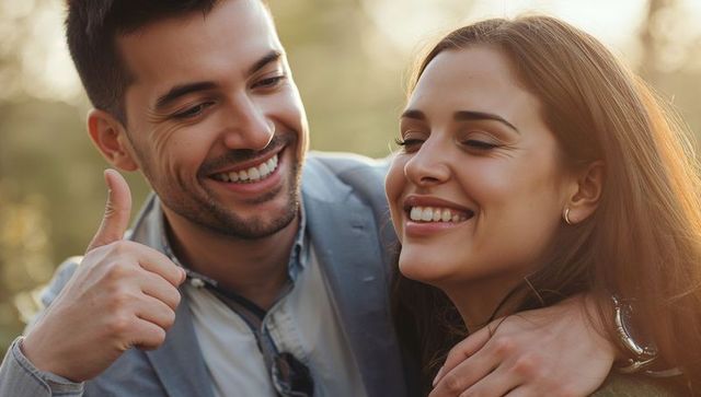 Romantic Couple Smiling During Golden Hour Outdoors, Man Giving Thumbs Up, Backlit