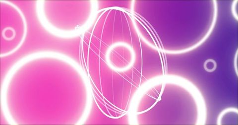 Neon Glowing Rings with Wireframe Orb on Pink Purple Gradient Abstract Background