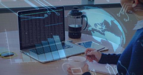 Woman Coding with Tech Overlay at Modern Workspace