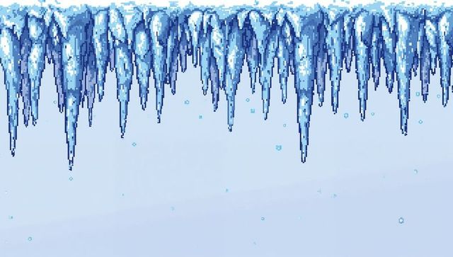 Hanging pixel icicles forming frozen roof edge, dripping blue crystal winter border