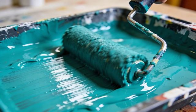 Closeup Teal Paint Roller Loading Tray with Textured Streaks for Wall Prep and Home Renovation