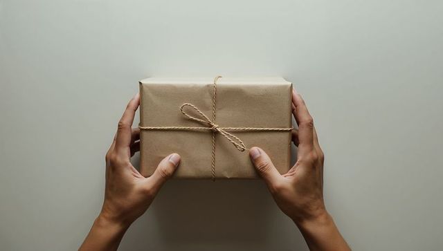 Hands presenting gift wrapped in rustic kraft paper with twine bow