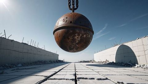 Swinging wrecking ball at urban demolition site