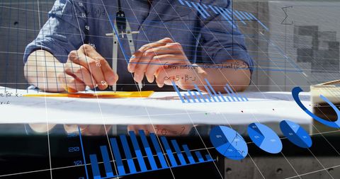 Architect Analyzing Financial Data with Overlaying Mathematical Elements