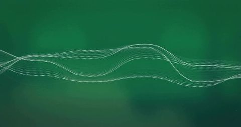 Dotted waveforms flowing across emerald gradient, abstract digital ribbon background