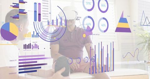 Casual man wearing vr headset viewing augmented reality analytics dashboard in bright lounge