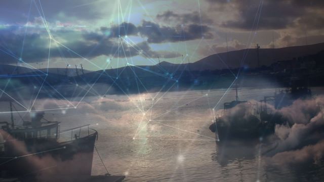 This video depicts a serene ferry port landscape blended with a digital network overlay, representing global connections and data processing. Ideal for technology-themed presentations, articles on connectivity, or promoting digital services. The tranquil water scene with clouds and boats adds a calming natural contrast to the advanced technological connections, appealing for innovative, future-oriented content.