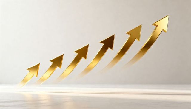 Golden metallic upward arrows representing business growth, momentum, success trajectory