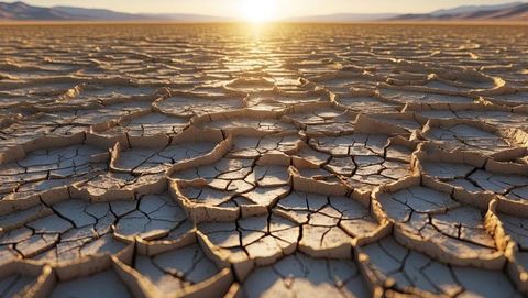 Cracked desert earth at sunset in drought-affected region
