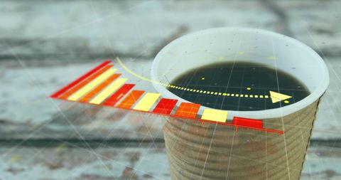 Falling business bar graph over coffee cup indicating loss