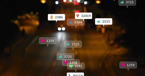 Floating Social Media Notifications Over Night City Street with Bokeh Lights and Engagement Icons