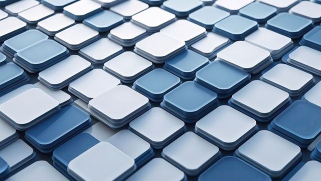 Abstract geometric array of raised square tiles in white and blue