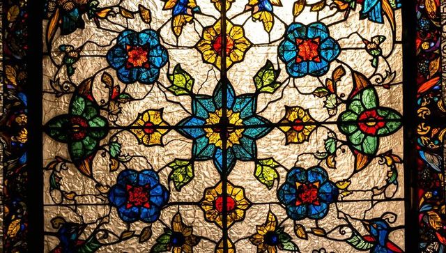 Ornate stained glass panel with floral designs in church wall