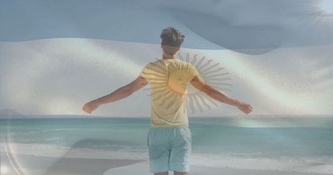 Man Enjoying Beach Adventure with Argentine Flag Overlay for Resilience
