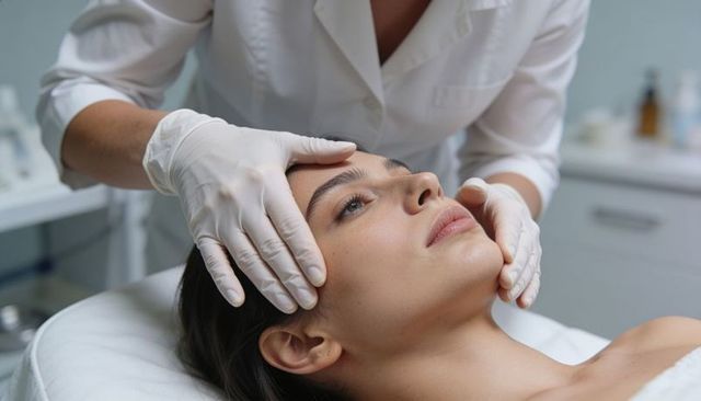 Clinician holding forehead and jawline during facial examination in aesthetic clinic