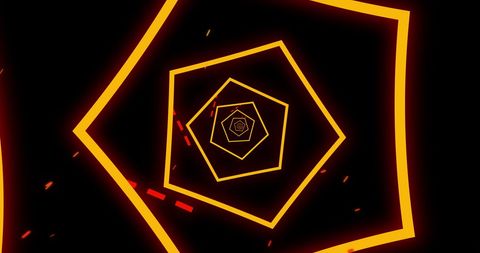 Dynamic spinning neon pentagons on black background