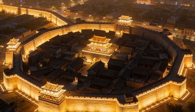 Illuminating golden walled citadel at night with gate towers and central pavilion