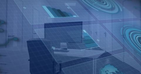 Futuristic office workstation with data overlays, analytics dashboard visualization