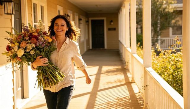 Woman carrying large wildflower bouquet walking along sunlit porch with striped shadows