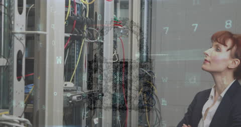 Businesswoman Analyzing Server Room with Cybersecurity Features