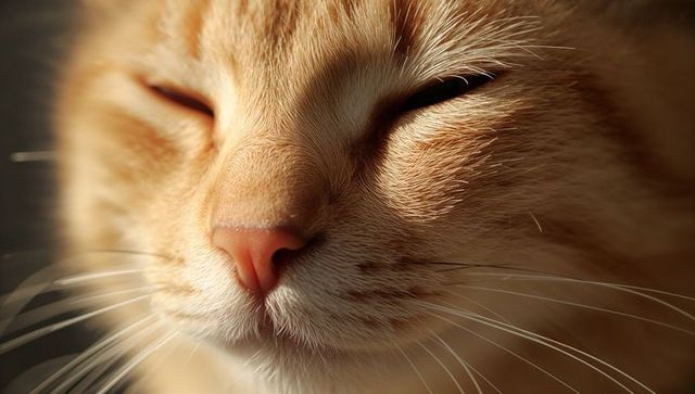 Sunlit orange tabby cat close-up showing pink nose, whiskers and soft fur texture