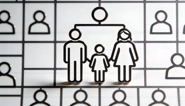 Family hierarchy diagram with connected parent node, minimal monochrome pictogram infographic