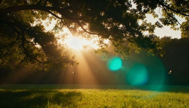 Sunbeams Fanning Through Oak Canopy Over Sunlit Meadow With Green Lens Flare and Birds