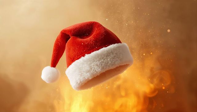 Floating Santa Hat Over Flames with Glowing Embers and Festive Warm Glow