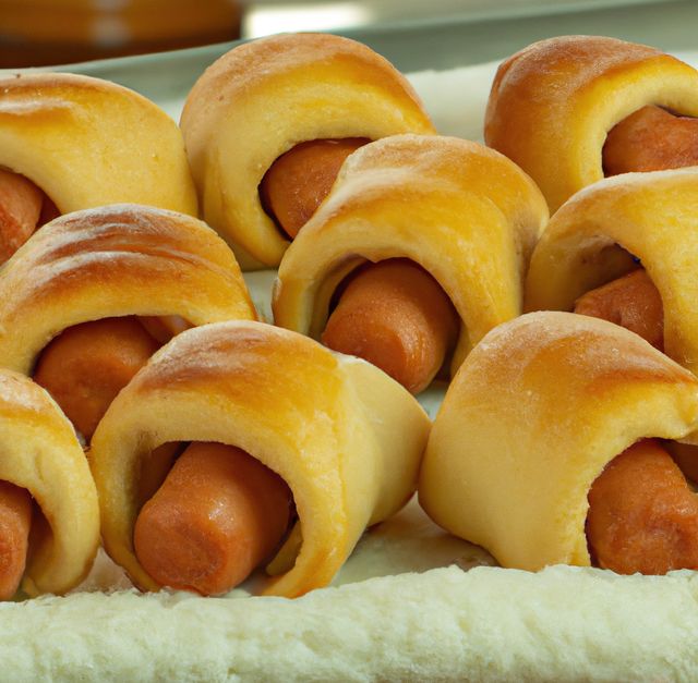 Pigs in a Blanket are neatly arranged on a baking sheet, showcasing a golden brown crust. This image is ideal for food blogs, party invitations, or cookbooks that focus on appetizers and snacks. It can also be used in advertisements for bakery products or culinary classes.