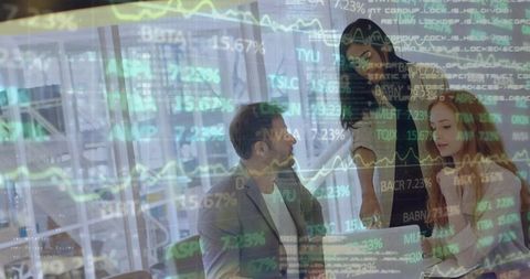 Pointing woman guiding team through financial data and analytics with stock market overlay