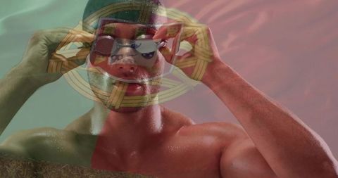 Shirtless swimmer adjusting goggles with portugal flag overlay dramatic athletic portrait