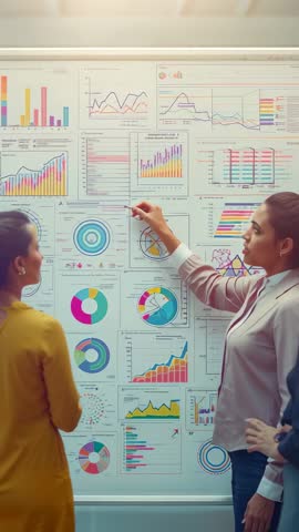 Presenter highlighting business analytics on wall of charts and graphs, vertical training clip