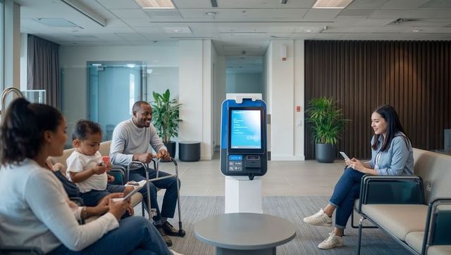 Self-check-in kiosk guiding patients in modern clinic waiting area with touchscreen and walker
