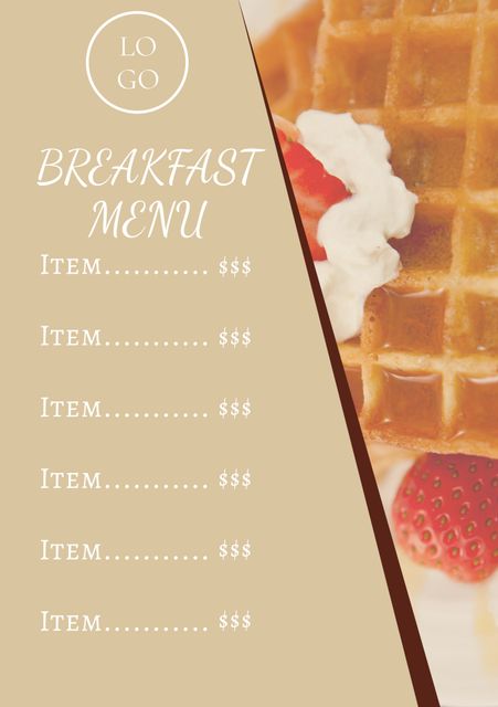 Elegant and visually appealing breakfast menu template perfect for stylish cafes and restaurants. Featuring a mouthwatering waffle with cream and strawberry, it can easily be customized to highlight various breakfast options. Ideal for warm and inviting settings, enhancing customer dining experience with a touch of sophistication.