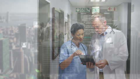 Doctors Discussing Patient Data with Digital Interface Overlays