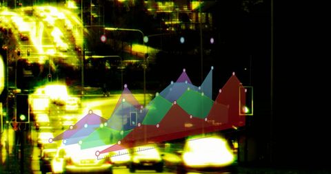 Statistical data overlay on night city traffic
