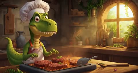 Cheerful Dinosaur Chef Flipping Steaks on Grill in Rustic Kitchen