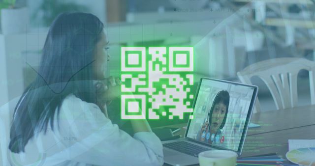 Businesswoman Video Conferencing with Digital QR Code and Data Overlay - Download Free Stock Images Pikwizard.com