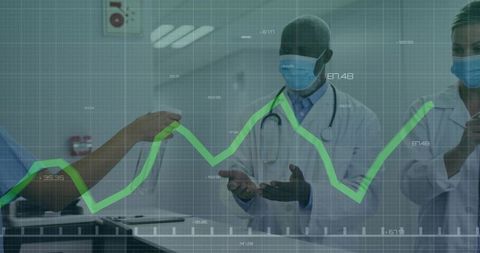 Medical team passing triage sample with digital graph overlay tracking patient trends