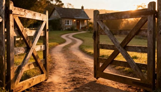 Open Rustic Farm Gate Leading to Winding Driveway and Stone Cottage at Golden Hour