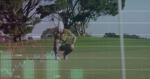 Golfer Analyzes Putt on Green with Financial Chart Overlay