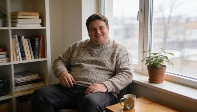 Smiling man sitting by window in chunky sweater with mug and bookshelf, cozy morning